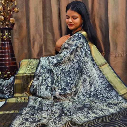 Black Dola Silk Kalamkari Art Saree with Gold Zari Lotus Border – Monochrome Majesty