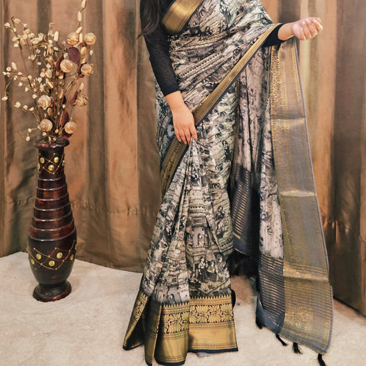 Black Dola Silk Kalamkari Art Saree with Gold Zari Lotus Border – Monochrome Majesty