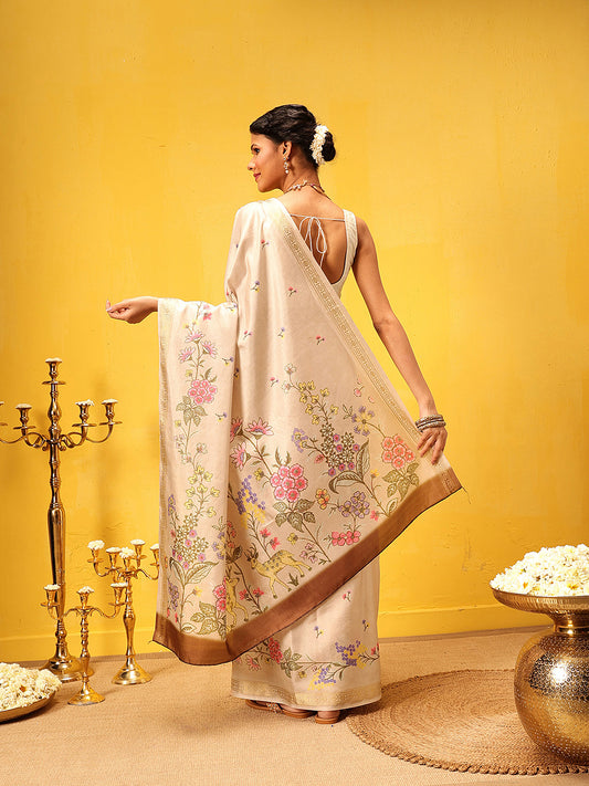 Ready To Wear Tussar Color Soft Silk Floral Digital Printed  Saree