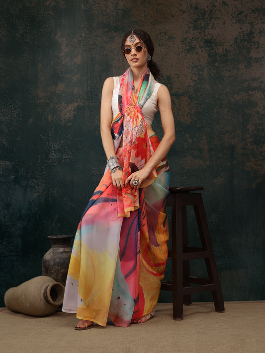 Ready To Wear Abstrect Chanderi Polyester Silk  Saree