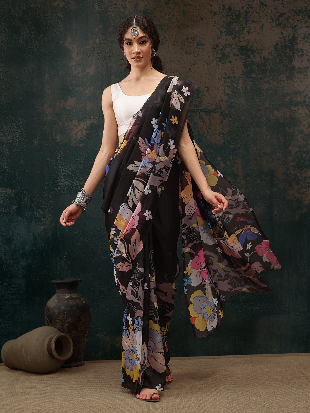 Ready To Wear Floral Chanderi Polyester Silk  Saree