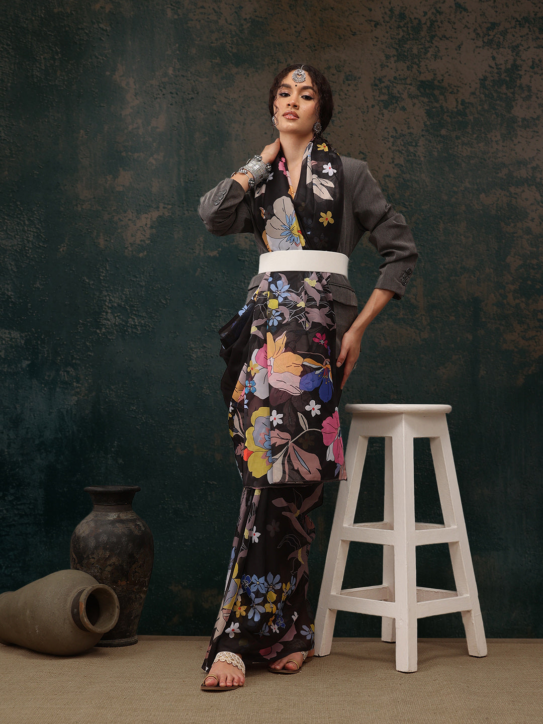 Ready To Wear Floral Chanderi Polyester Silk  Saree