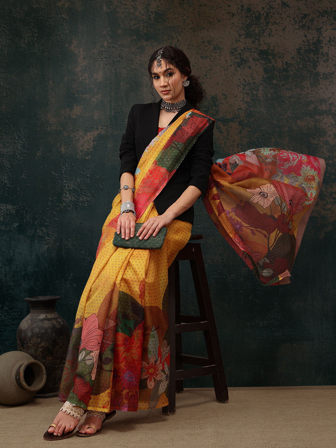 Ready To Wear Floral Chanderi Polyester Silk  Saree