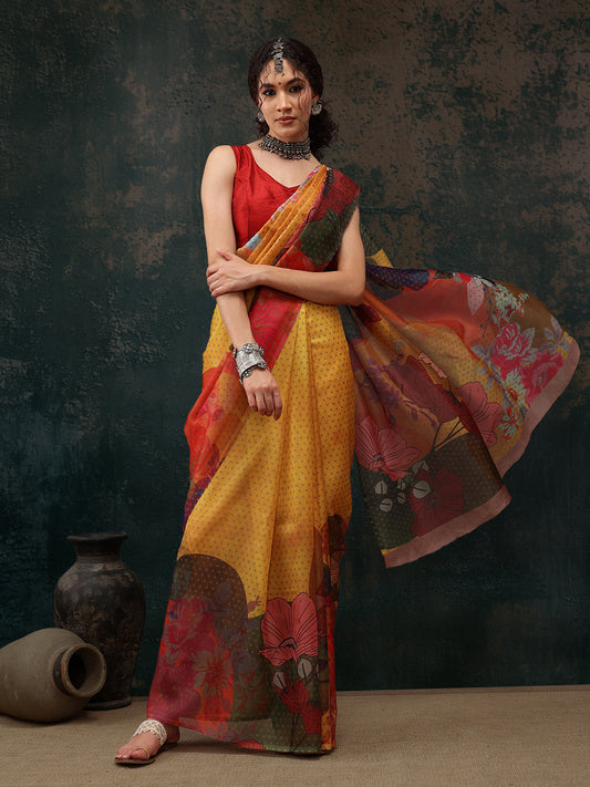 Ready To Wear Floral Chanderi Polyester Silk  Saree