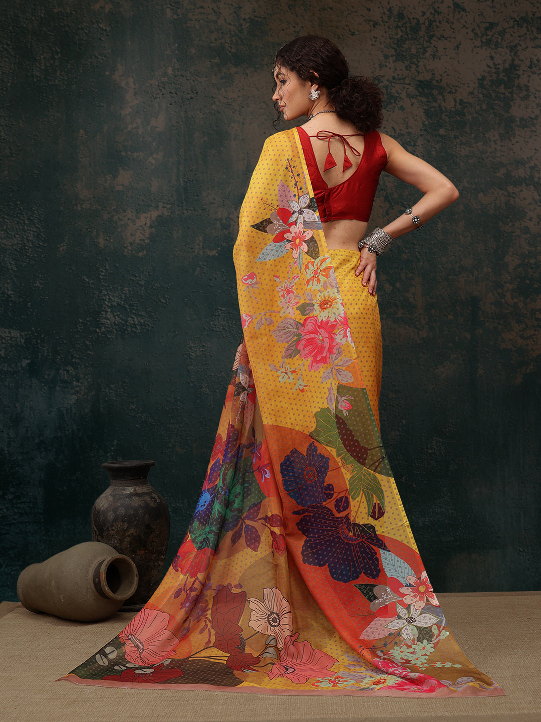 Ready To Wear Floral Chanderi Polyester Silk  Saree
