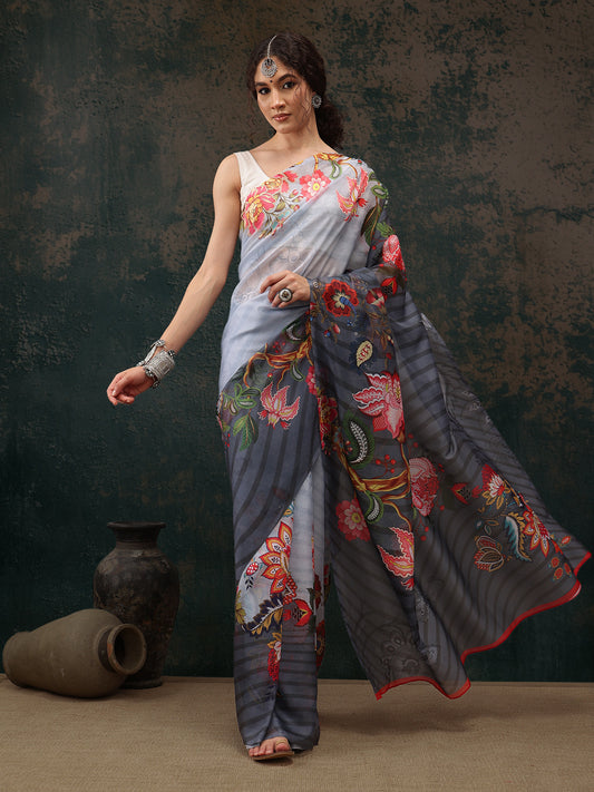 Ready To Wear Floral Chanderi Polyester Silk  Saree