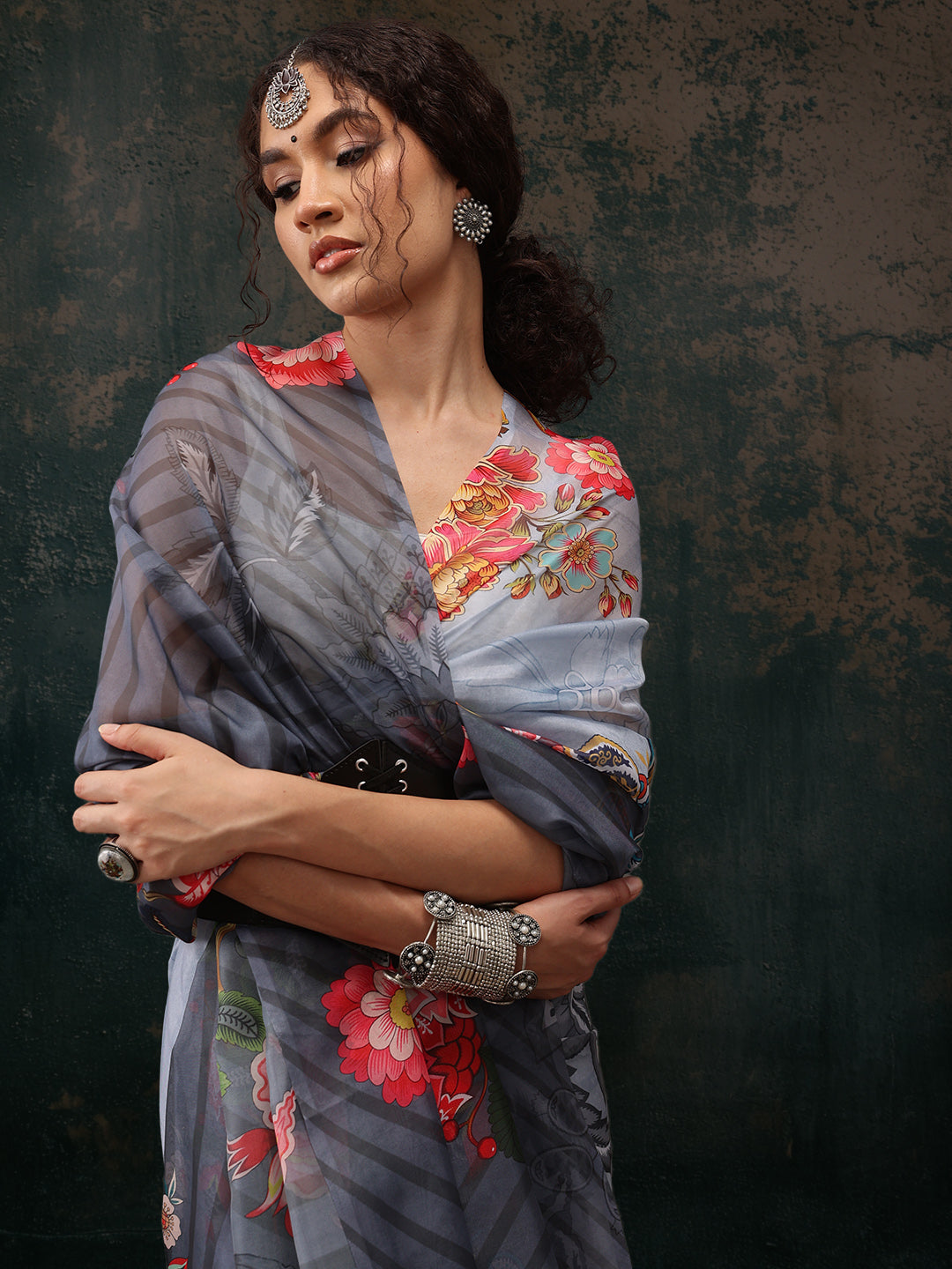 Ready To Wear Floral Chanderi Polyester Silk  Saree