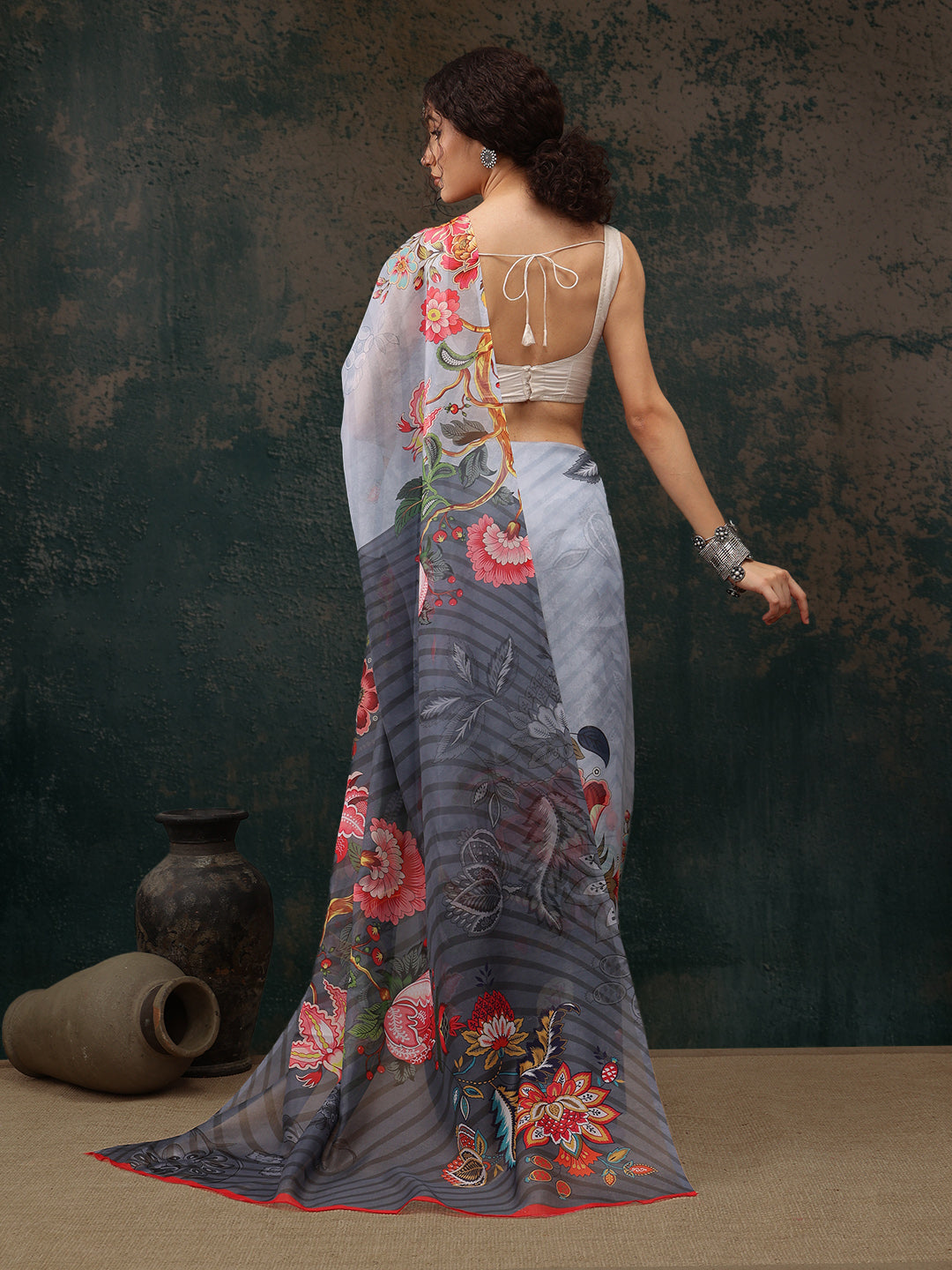 Ready To Wear Floral Chanderi Polyester Silk  Saree