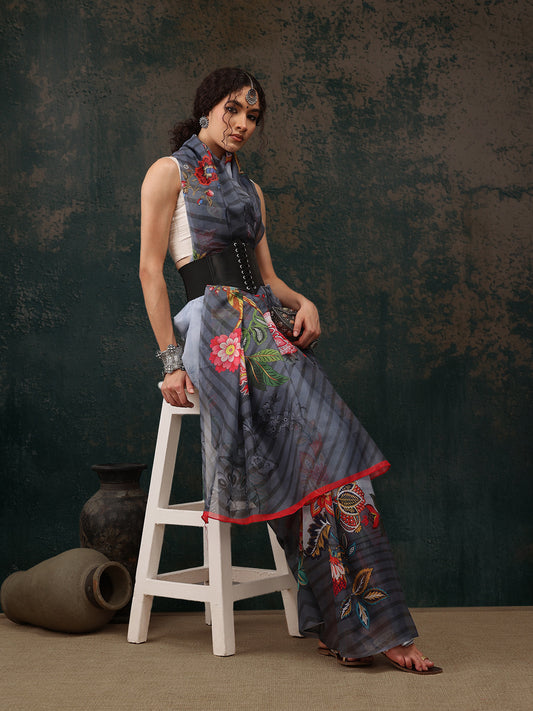 Ready To Wear Floral Chanderi Polyester Silk  Saree