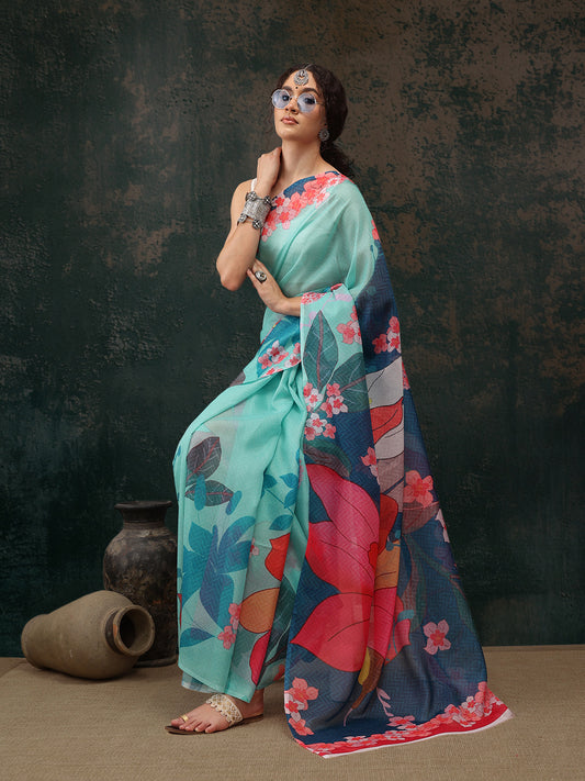 Ready To Wear Floral Chanderi Polyester Silk  Saree