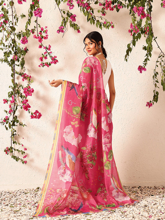 Ready To Wear Fruits Printed Cotton Tissue Saree With Gold Zari Work