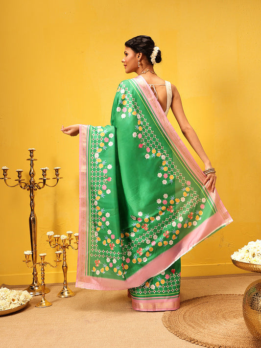 Ready To Wear Printed Art Silk Saree With Gold Zari Woven Border