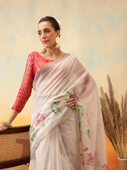 Ready To Wear Printed Cotton Zari Tissue  Saree