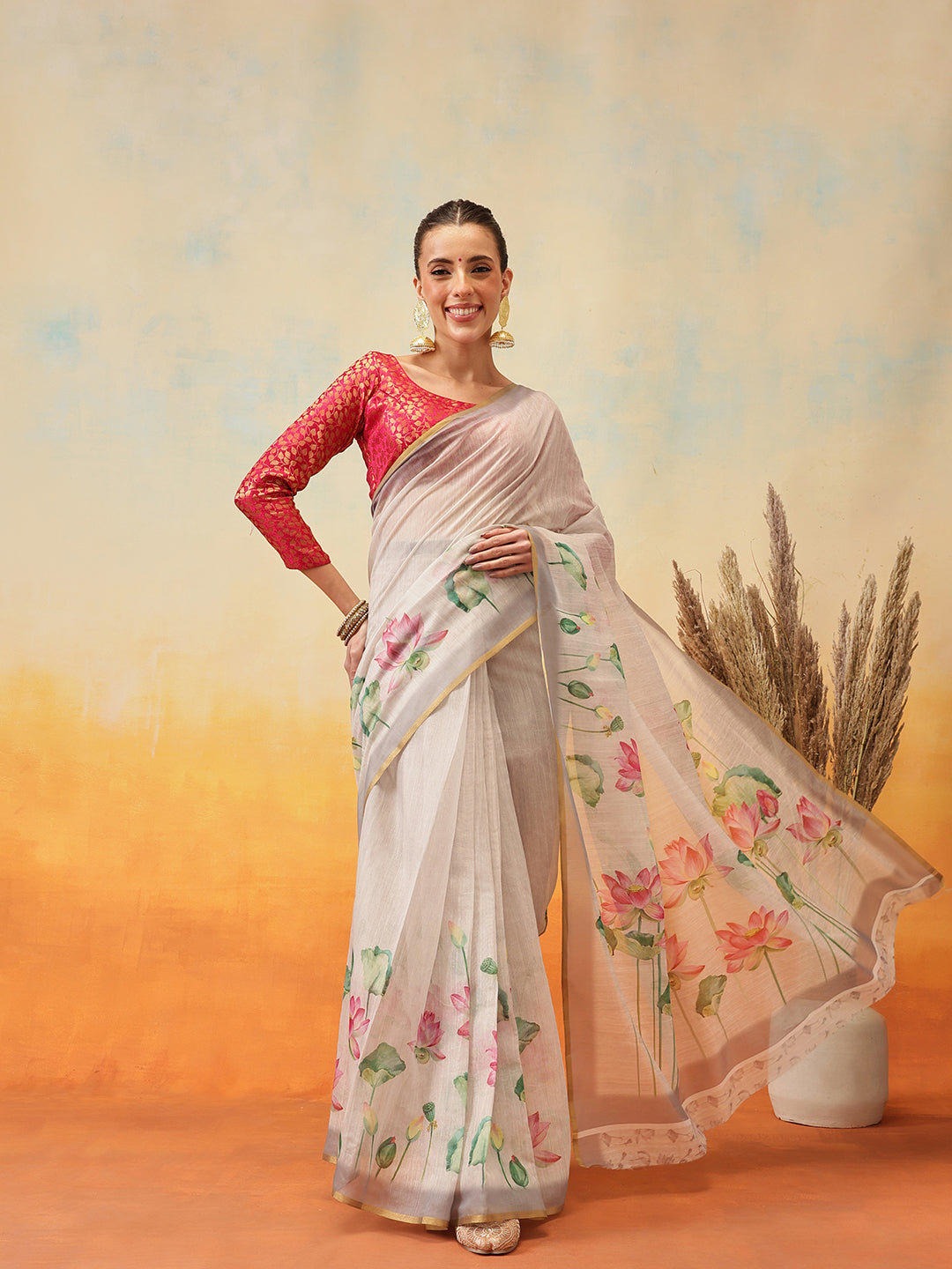 Ready To Wear Printed Cotton Zari Tissue  Saree