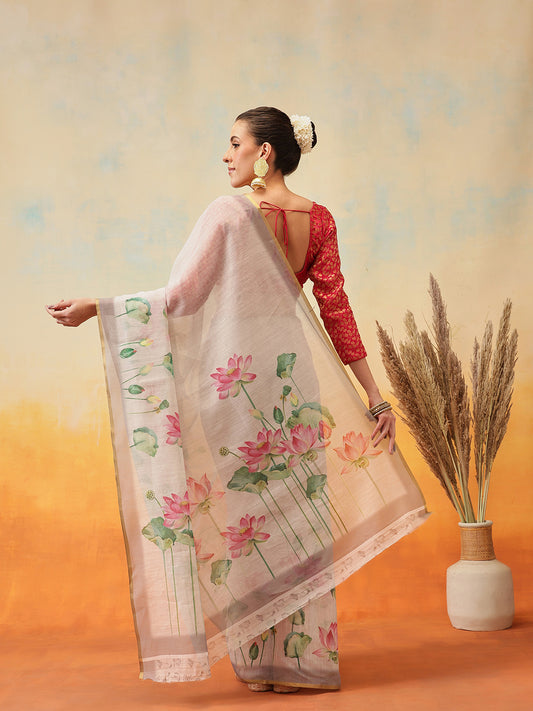 Ready To Wear Printed Cotton Zari Tissue  Saree