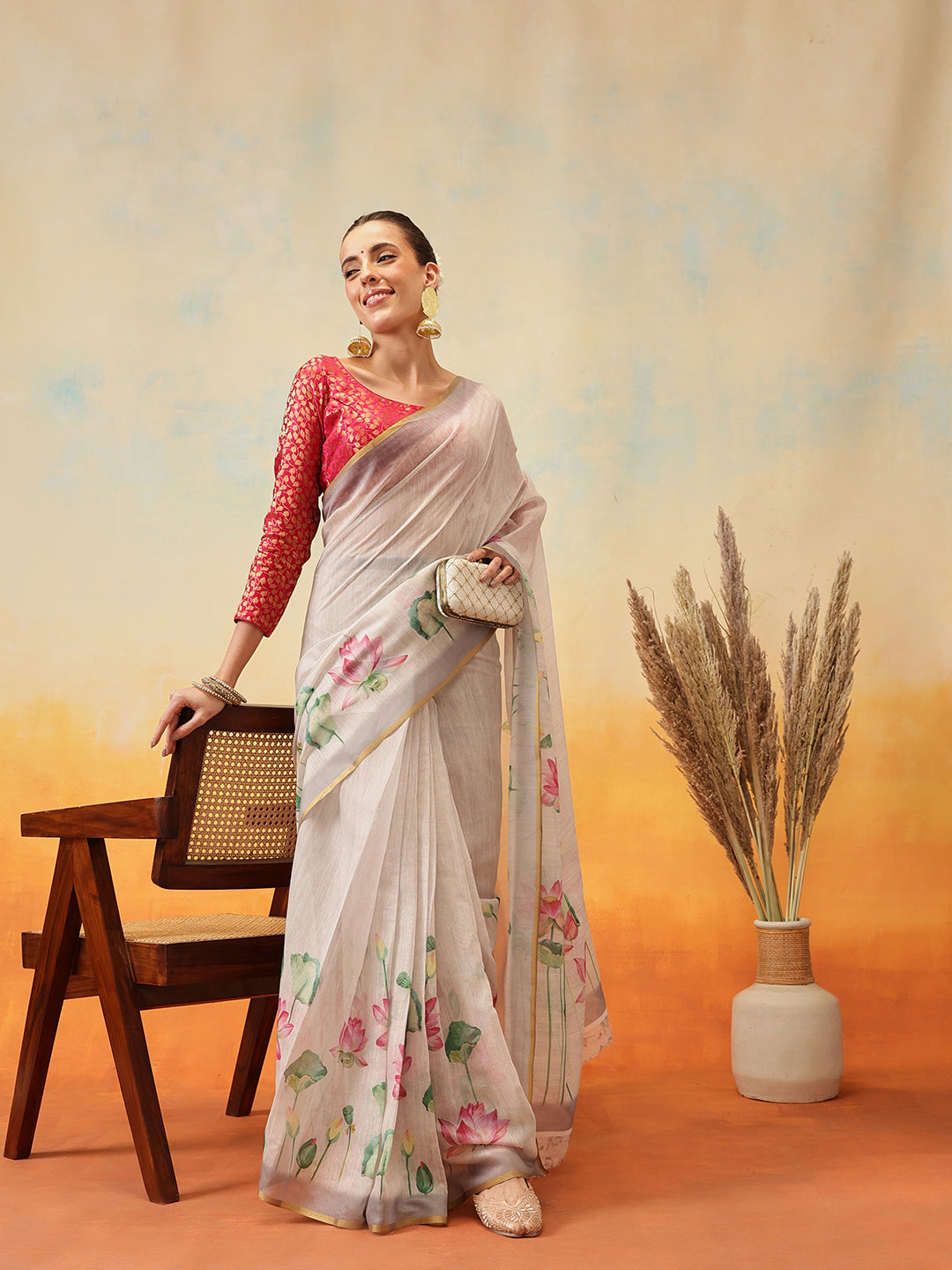 Ready To Wear Printed Cotton Zari Tissue  Saree