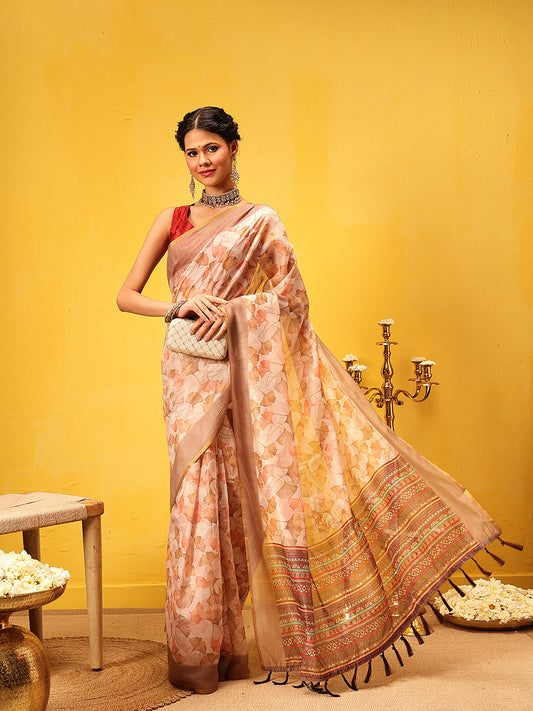 Ready To Wear Women's Block Print Cotton Saree With Blouse Piece