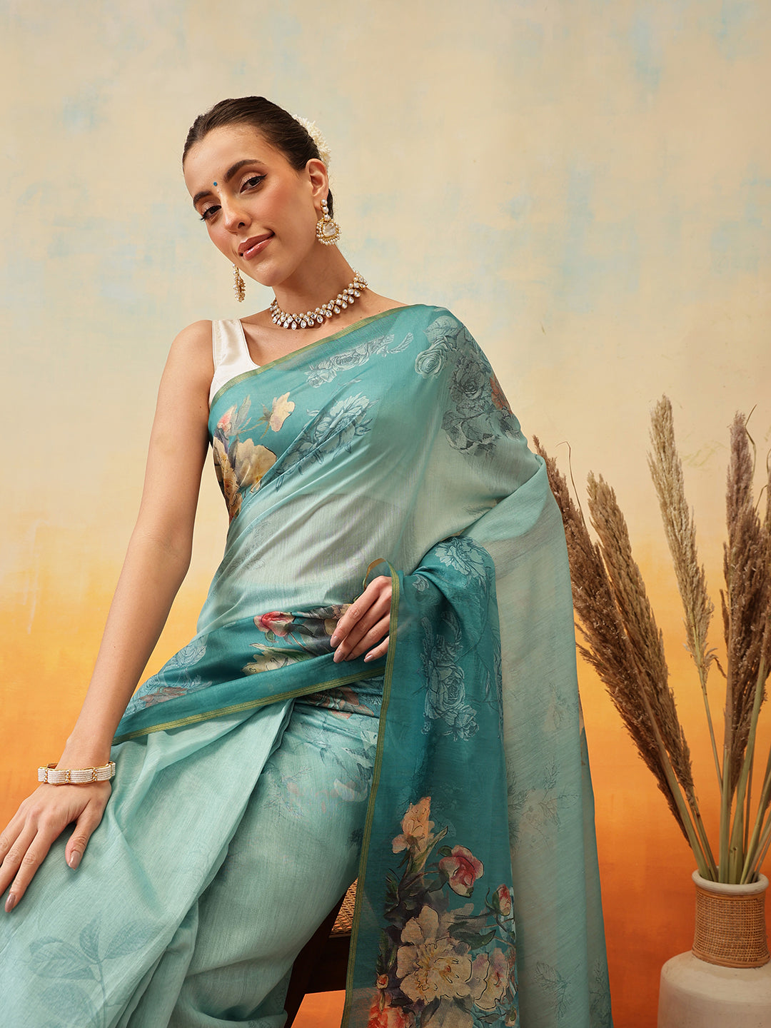 Ready To Wear Floral Printed Chanderi  Saree