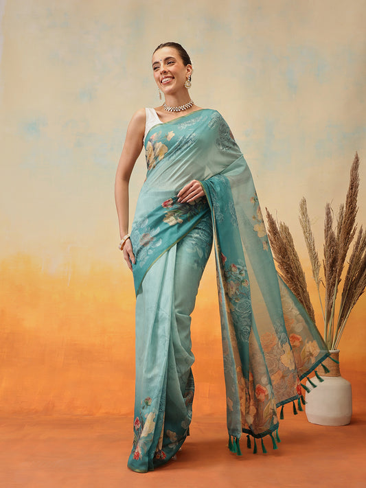Ready To Wear Floral Printed Chanderi  Saree