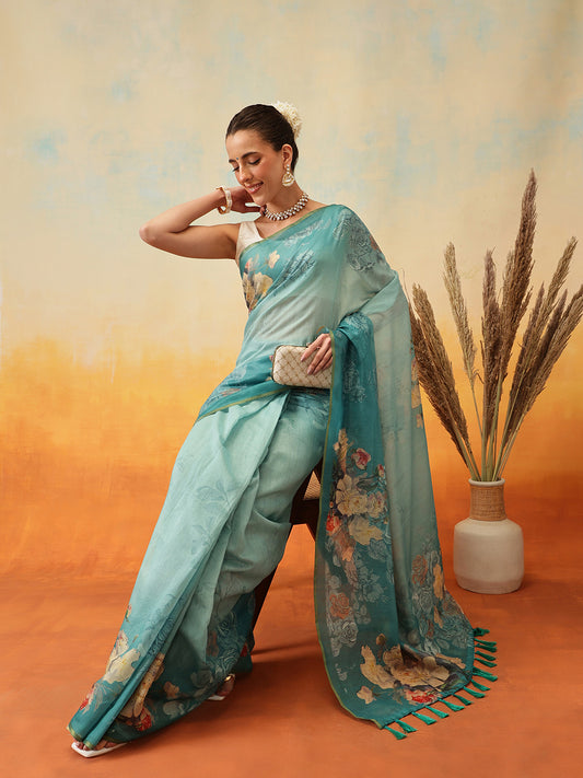 Ready To Wear Floral Printed Chanderi  Saree