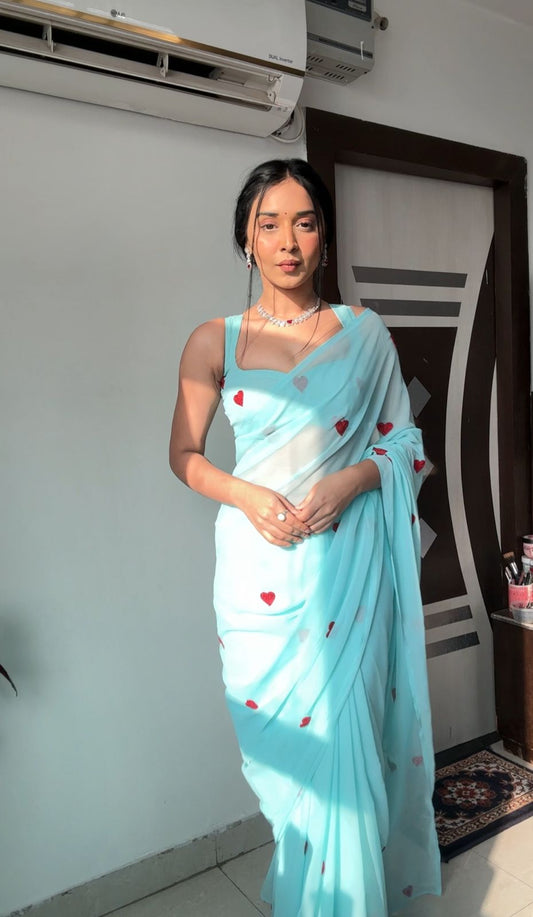 Ready To Wear Embroidered Georgette Saree – Sky & Red Heart Elegance