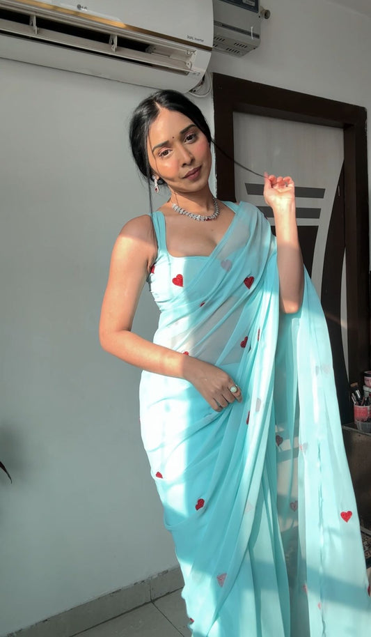 Ready To Wear Embroidered Georgette Saree – Sky & Red Heart Elegance