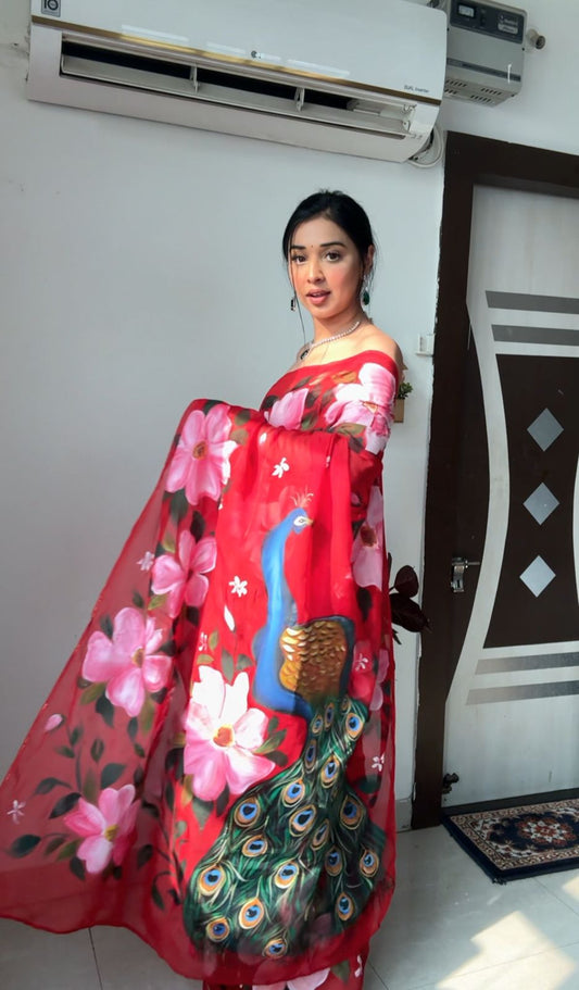 Ready to-Wear Red Peacock Design Organza Saree