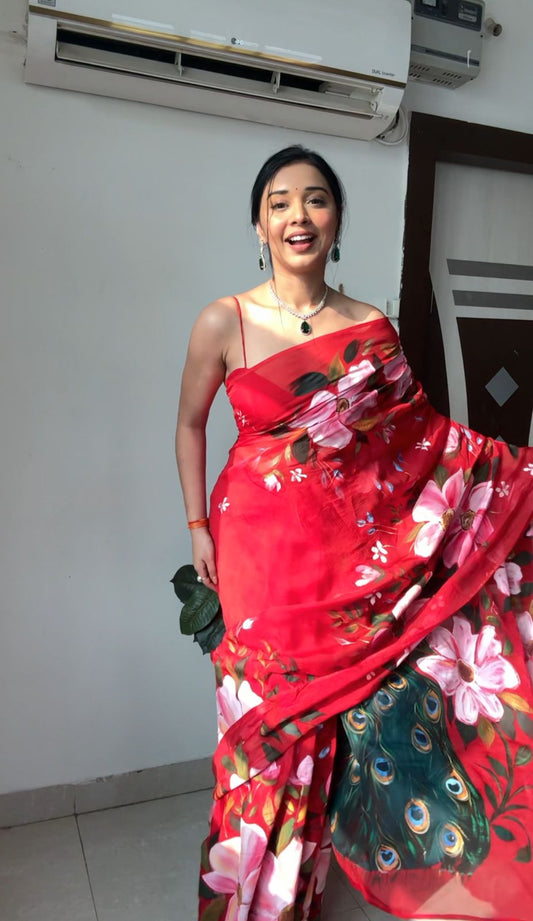 Ready to-Wear Red Peacock Design Organza Saree