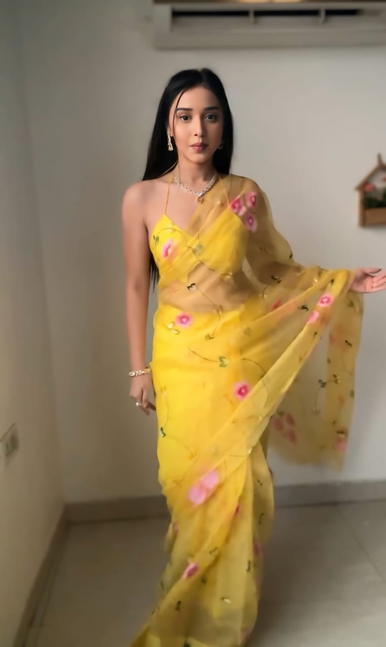Ready To Wear Organza Silk Saree – Yellow Blossom