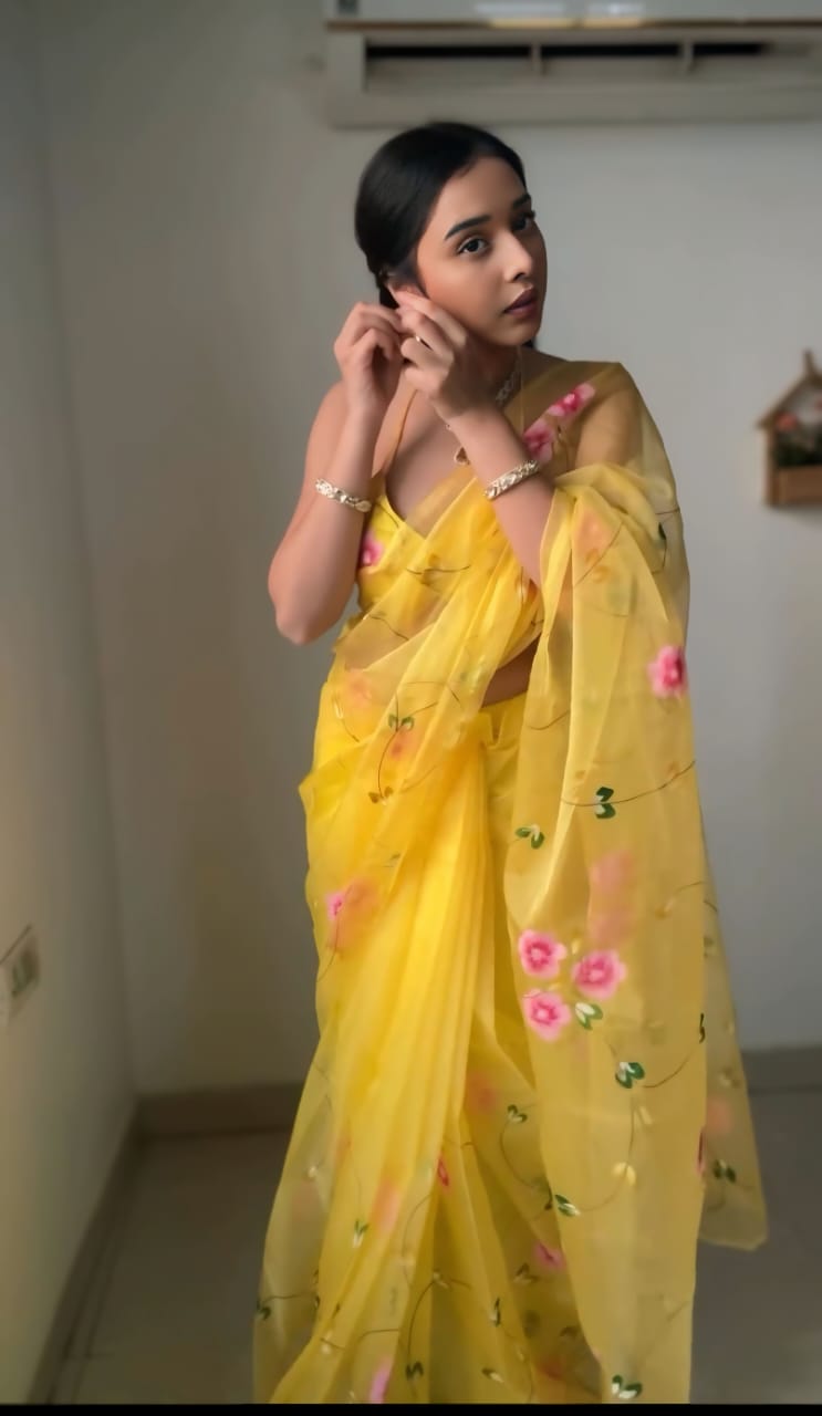 Ready To Wear Organza Silk Saree – Yellow Blossom