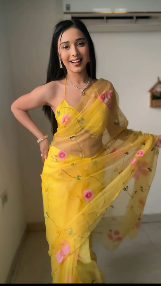 Ready To Wear Organza Silk Saree – Yellow Blossom