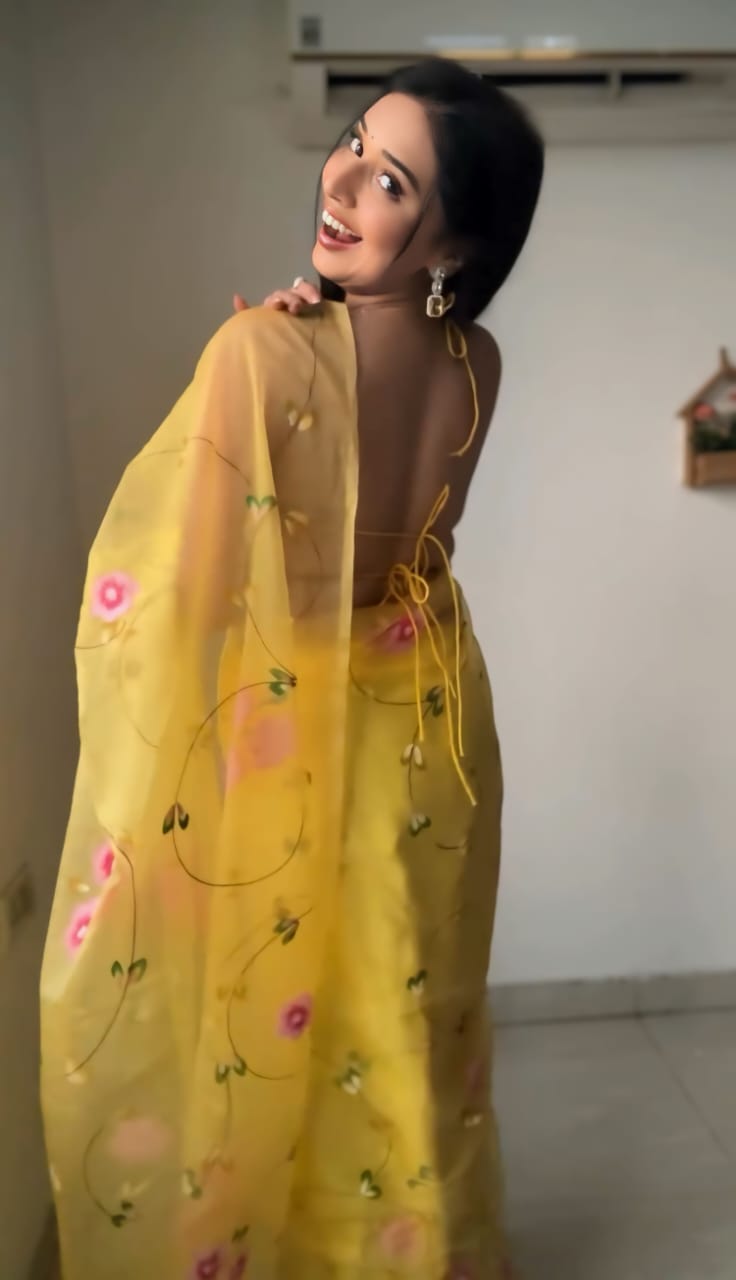Ready To Wear Organza Silk Saree – Yellow Blossom