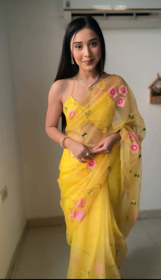 Ready To Wear Organza Silk Saree – Yellow Blossom