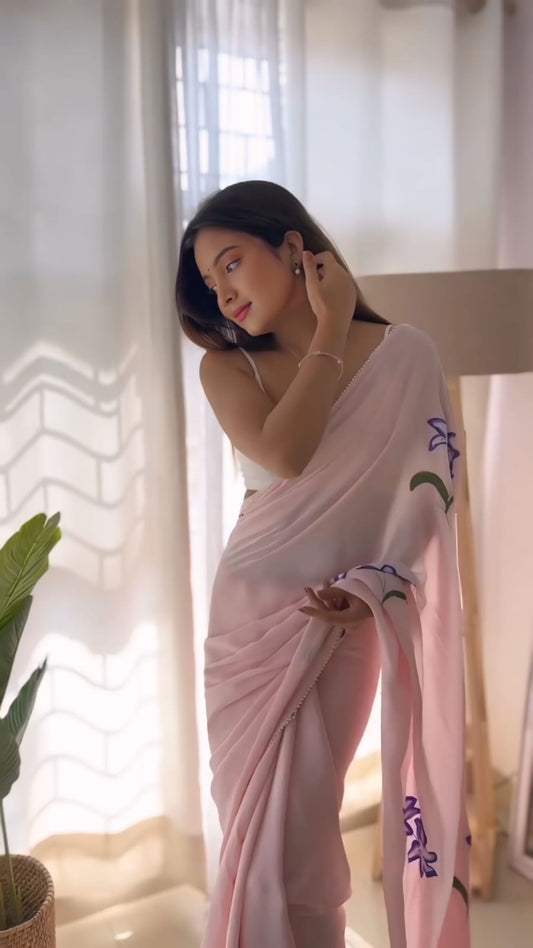 Ready To Wear Floral Lace Georgette Saree – Pink Petal Charm