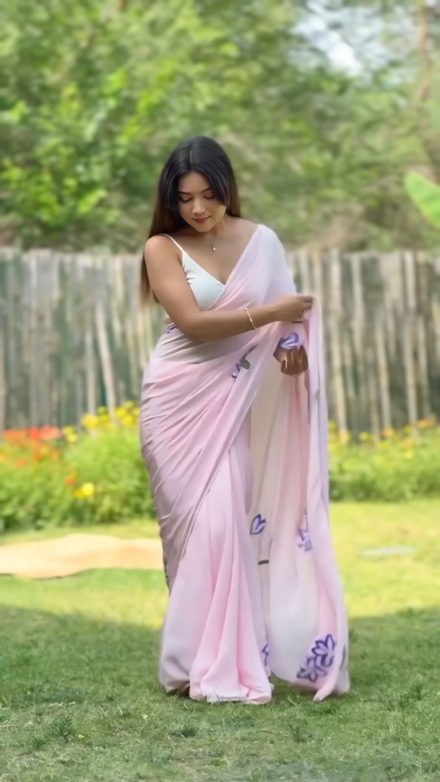 Ready To Wear Floral Lace Georgette Saree – Pink Petal Charm