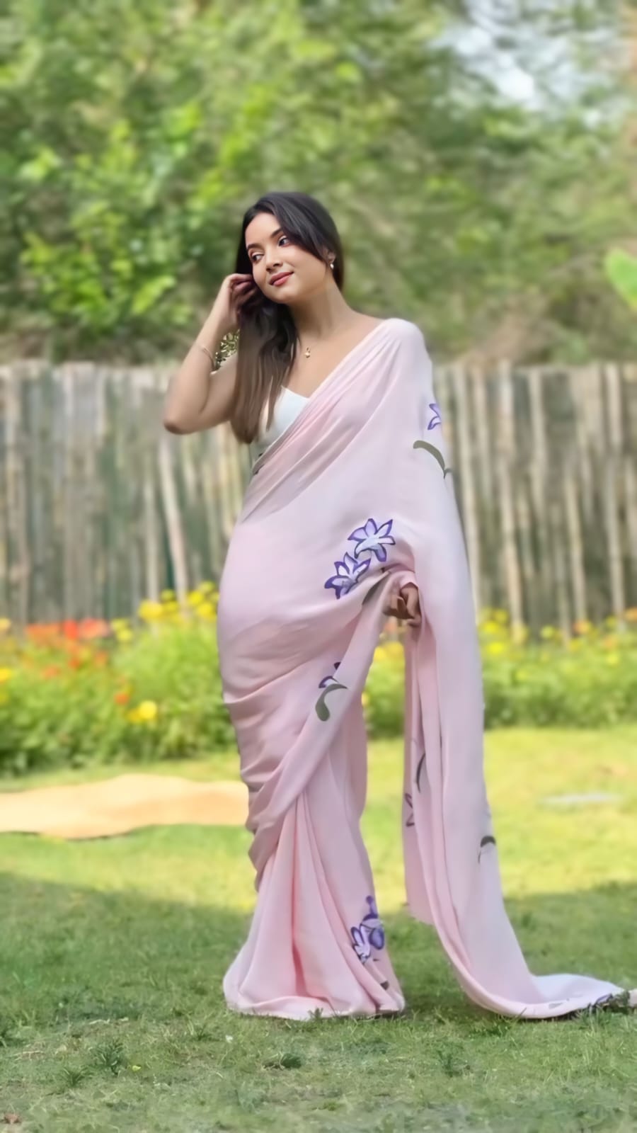 Ready To Wear Floral Lace Georgette Saree – Pink Petal Charm