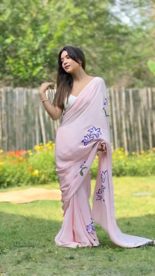 Ready To Wear Floral Lace Georgette Saree – Pink Petal Charm