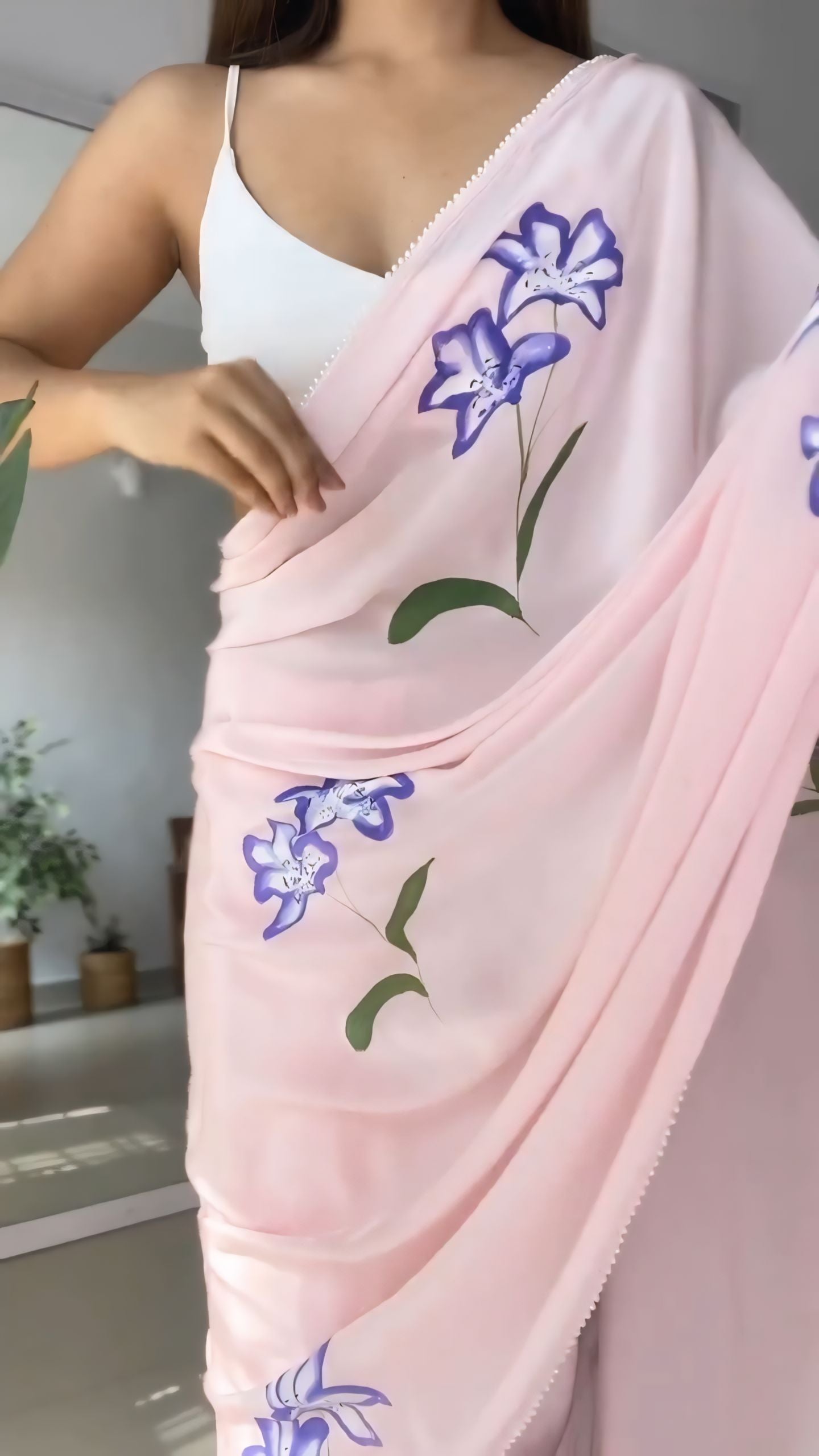 Ready To Wear Floral Lace Georgette Saree – Pink Petal Charm