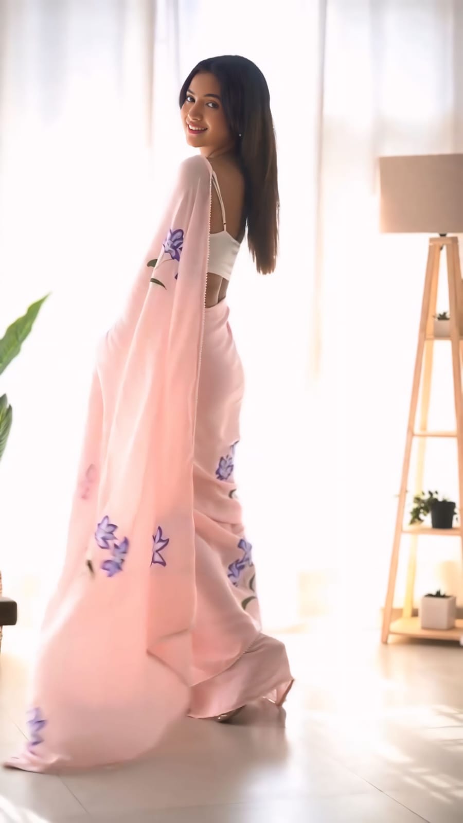 Ready To Wear Floral Lace Georgette Saree – Pink Petal Charm