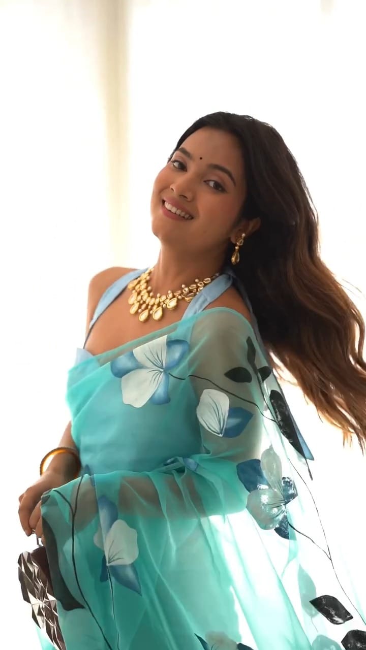 Ready to Wear - Sky Blue Floral Pure Soft Organza Silk Saree