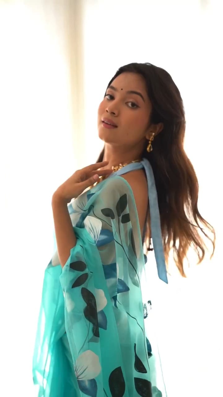 Ready to Wear - Sky Blue Floral Pure Soft Organza Silk Saree
