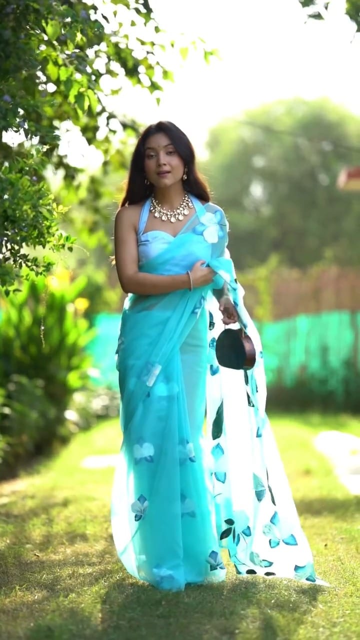 Ready to Wear - Sky Blue Floral Pure Soft Organza Silk Saree