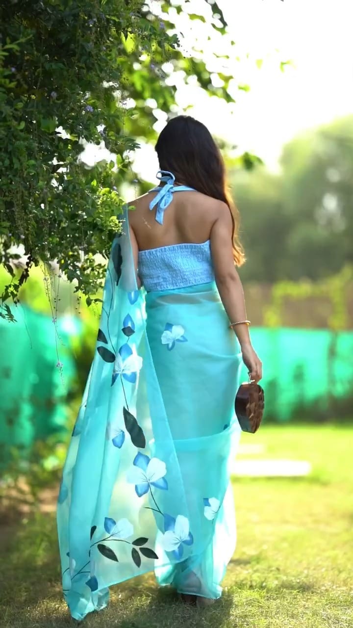 Ready to Wear - Sky Blue Floral Pure Soft Organza Silk Saree