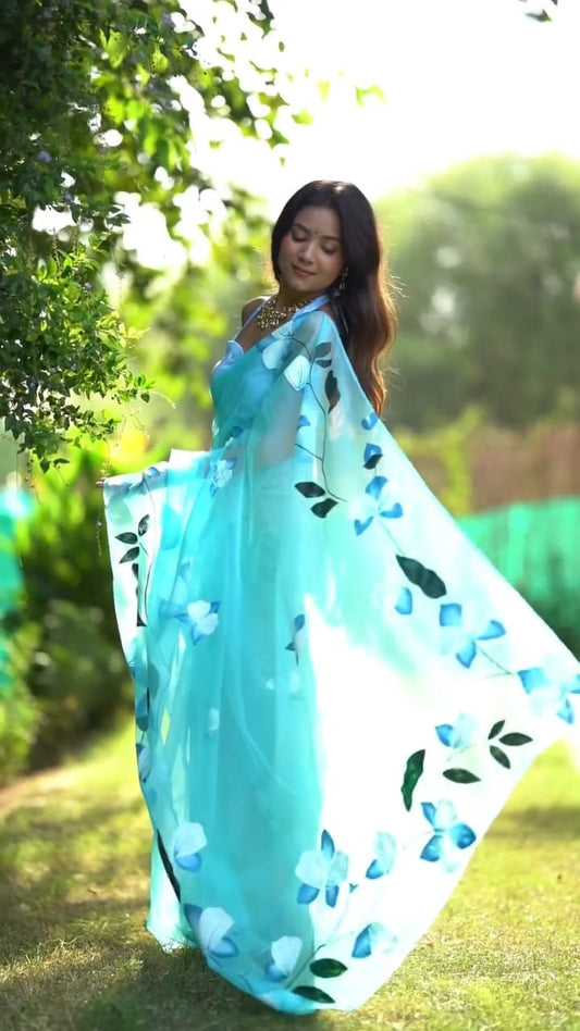 Ready to Wear - Sky Blue Floral Pure Soft Organza Silk Saree