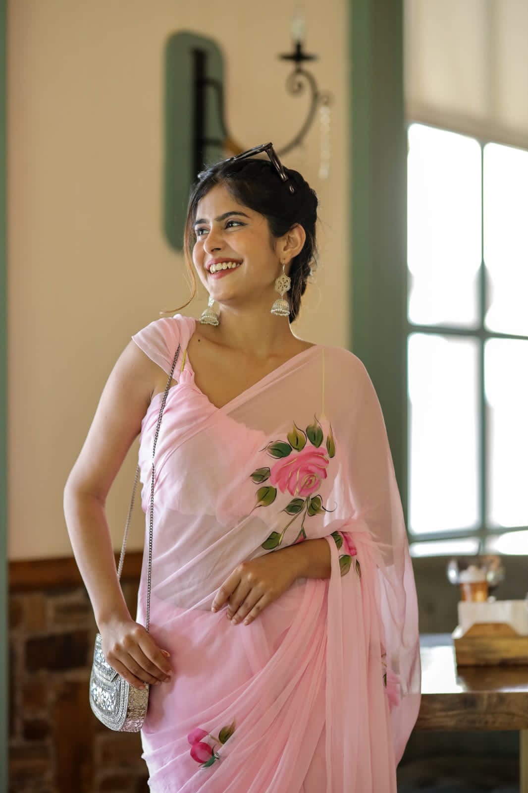 Ready To Wear Floral Georgette Saree – Pink Blossom