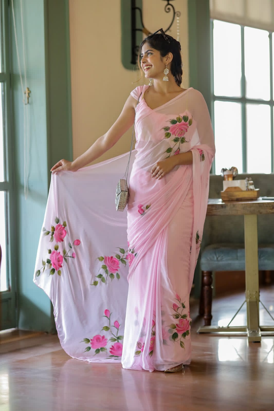 Ready To Wear Floral Georgette Saree – Pink Blossom