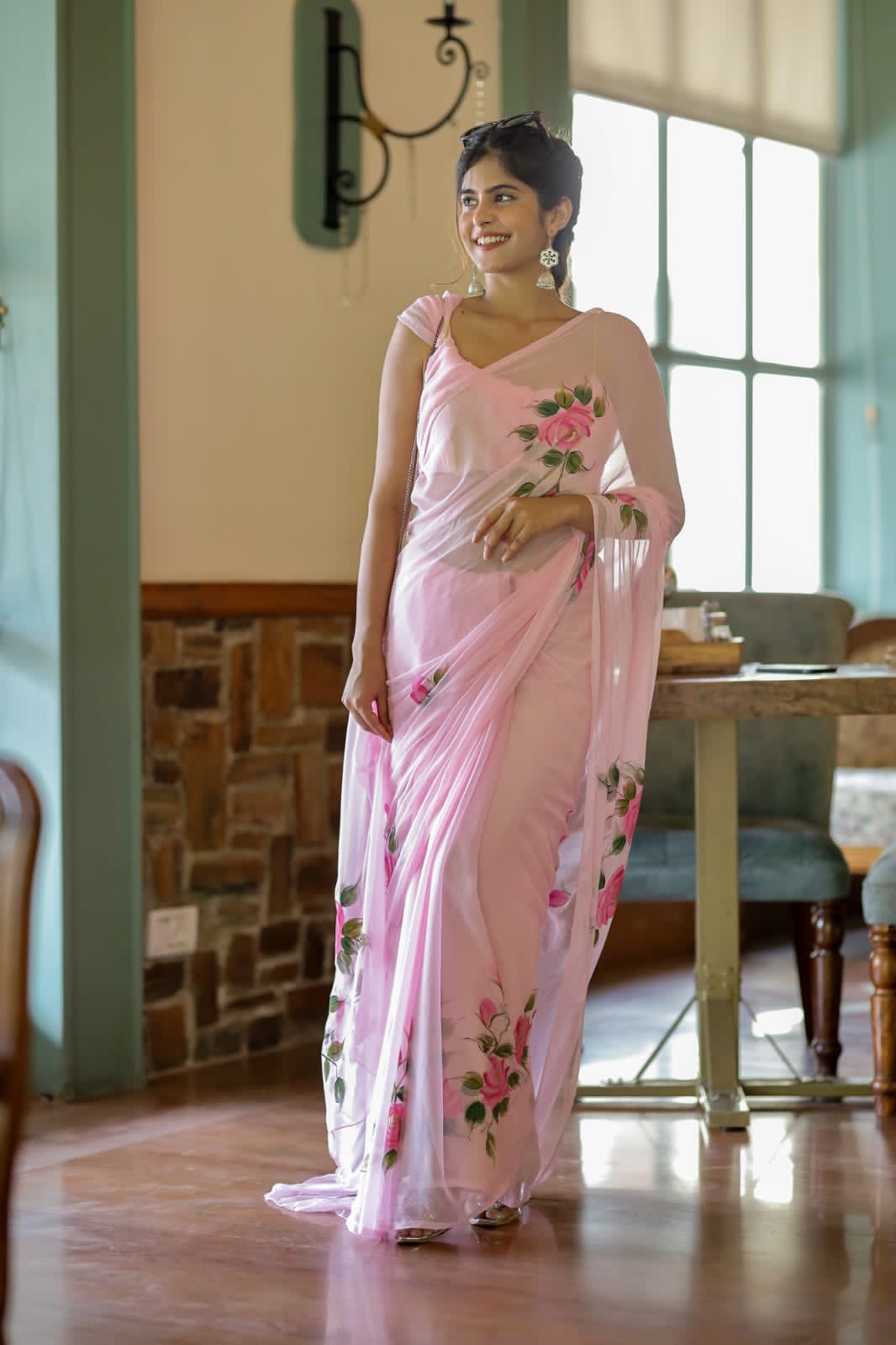 Ready To Wear Floral Georgette Saree – Pink Blossom