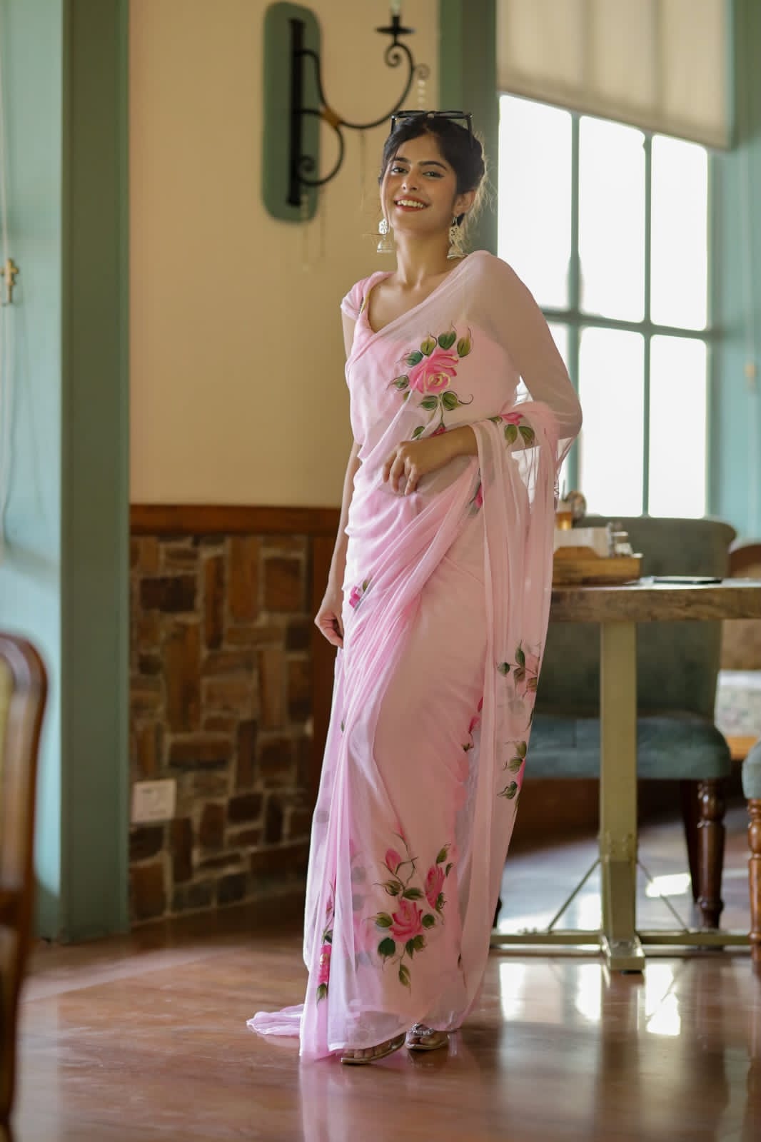 Ready To Wear Floral Georgette Saree – Pink Blossom