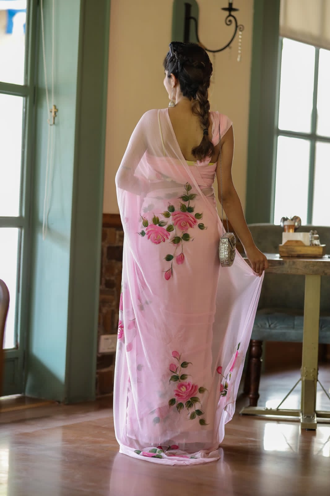 Ready To Wear Floral Georgette Saree – Pink Blossom