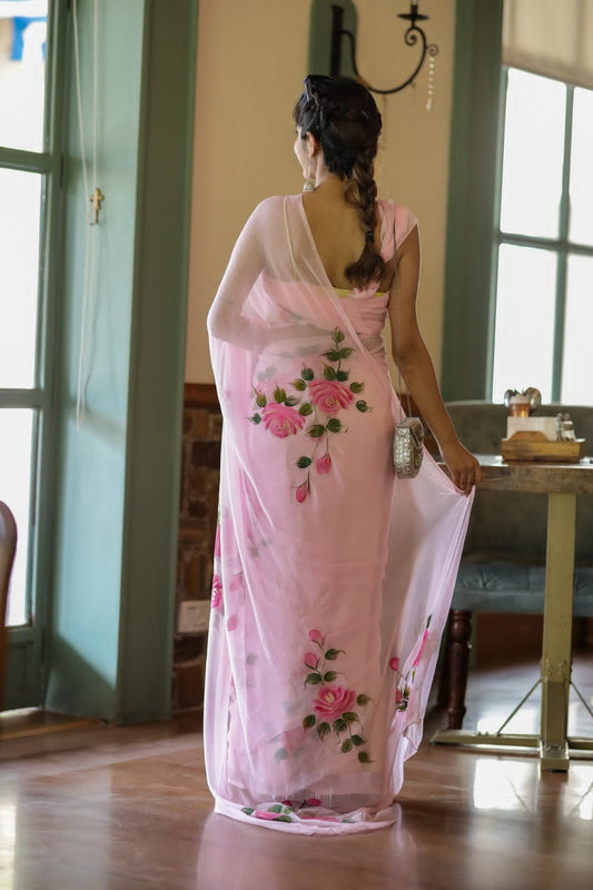 Ready To Wear Floral Georgette Saree – Pink Blossom